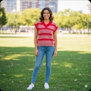 Golden Wings Red Striped V Neck Sleeveless Knit Sweater Vest‎ Women's Large